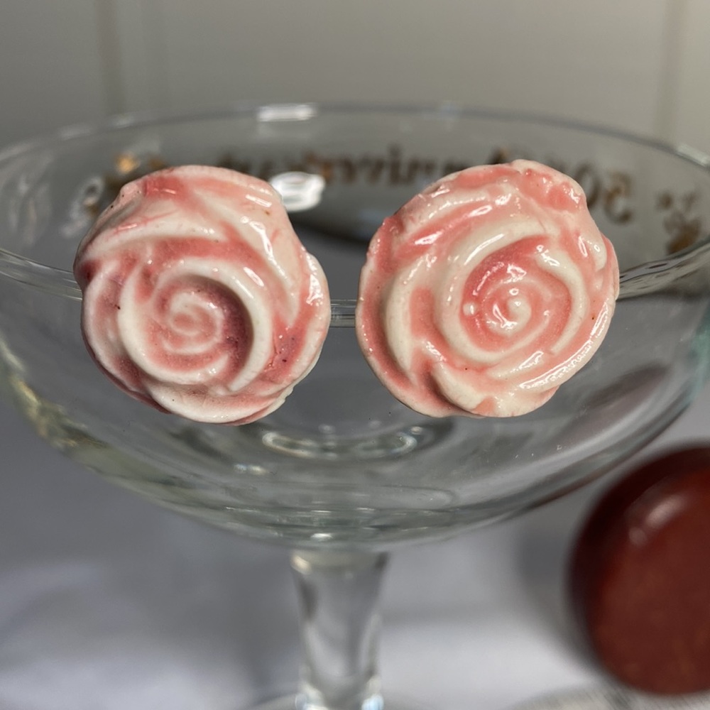 Unusual vintage glazed pottery style dusty pink rose earrings